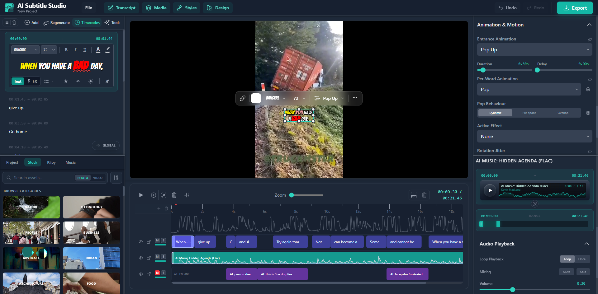 AI Subtitle Studio video editor with multi-track timeline, subtitle styling, and design layers